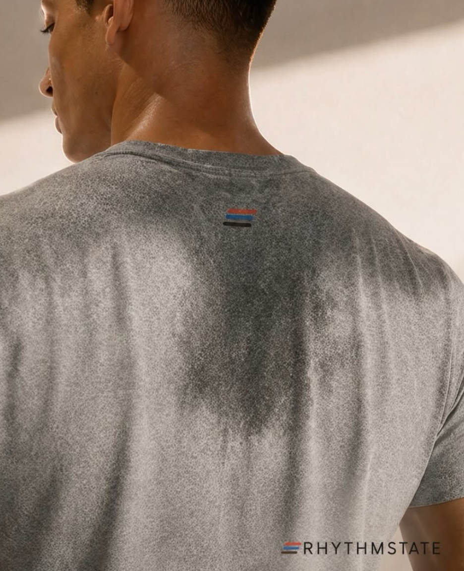 Sweat-soaked RHYTHMSTATE tee after class