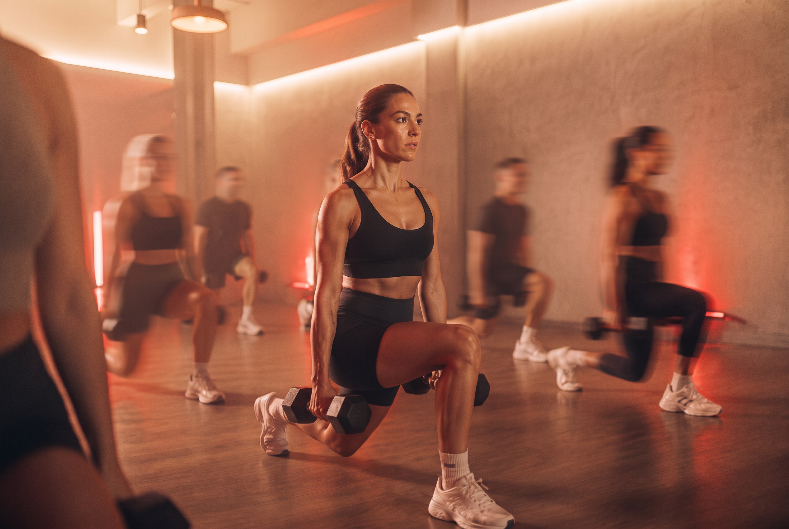RHYTHMSTATE members mid-lunge in a rust-lit group class
